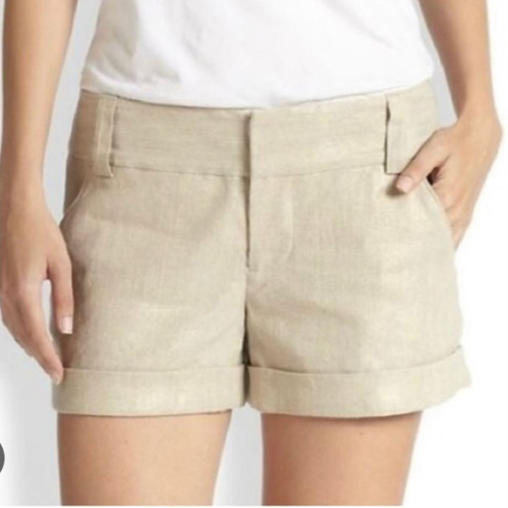 Alice + Olivia Cady Cuff Shorts Metallic Beige Linen Sz 4
